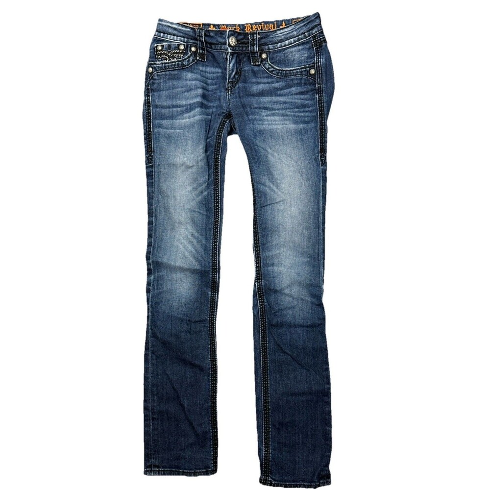 Rock Revival Jeans 26 Y2K Straight‎ Thick Stitch Flap Pocket Dark Wash Western